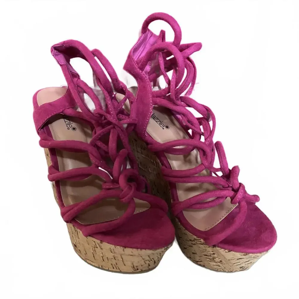🦄😎🩷Pink Shoedazzle 7.5 Wedge High Heels - Ankle Strap Wedges Karlotta EUC